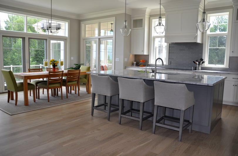 Low-sheen hardwood flooring looks casual and hides wear and tear.